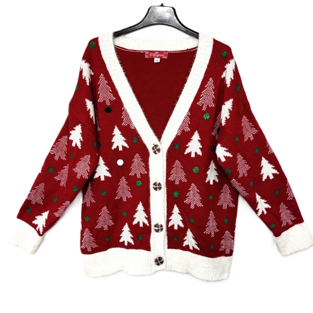 *33 Degrees Cardigan Ugly Christmas Sweater w/ Christmas trees & spangles Large